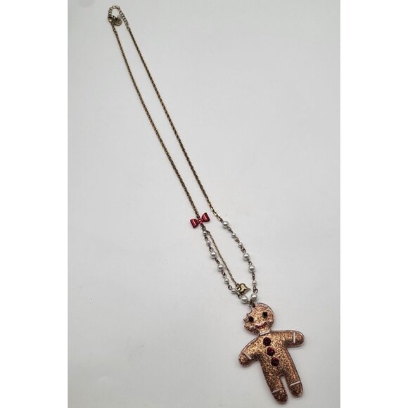 BETSEY JOHNSON Gingerbread Man Necklace Sparkle Glitter Bow Faux Pearl Holiday - Picture 2 of 8